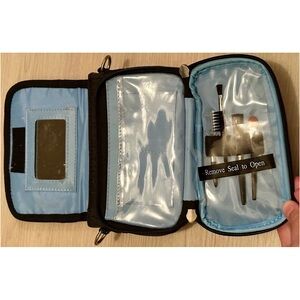 Black Travel Makeup Bag Crossbody Organizer w/ Mirror, Card Slots & Brush Holder